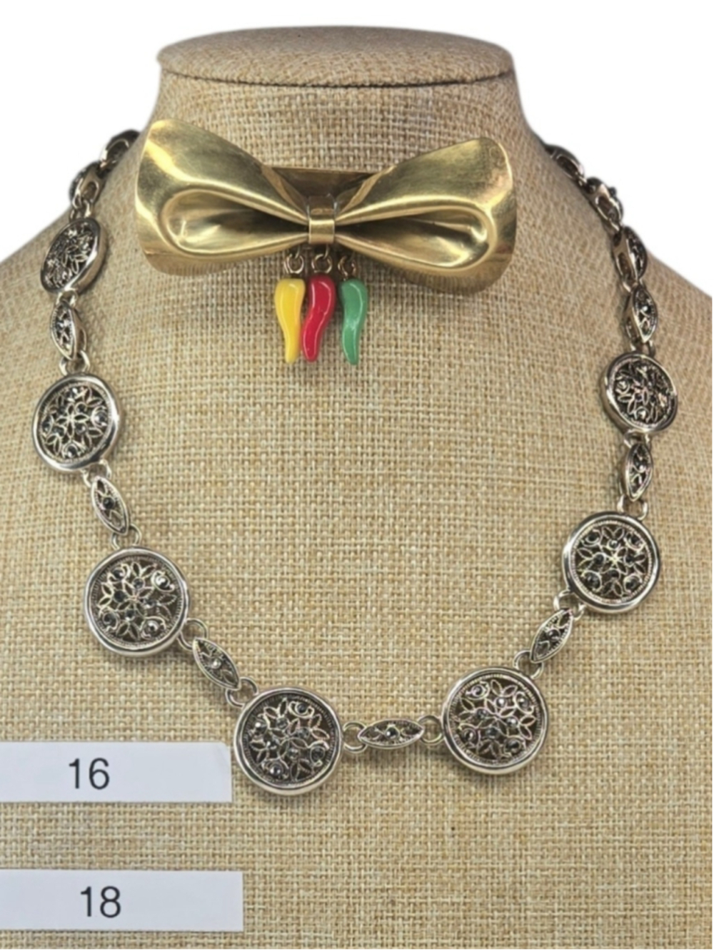 Statement Necklace Choker Length Silver Tone Filigree Discs Rhinestones Floral